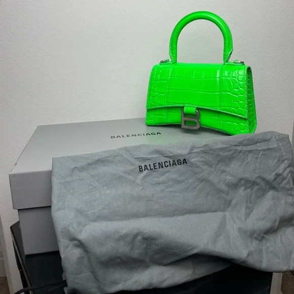 Balenciaga Neon Green Hourglass XS Croc-Embossed Top Handle Bag - Picture 3 of 9